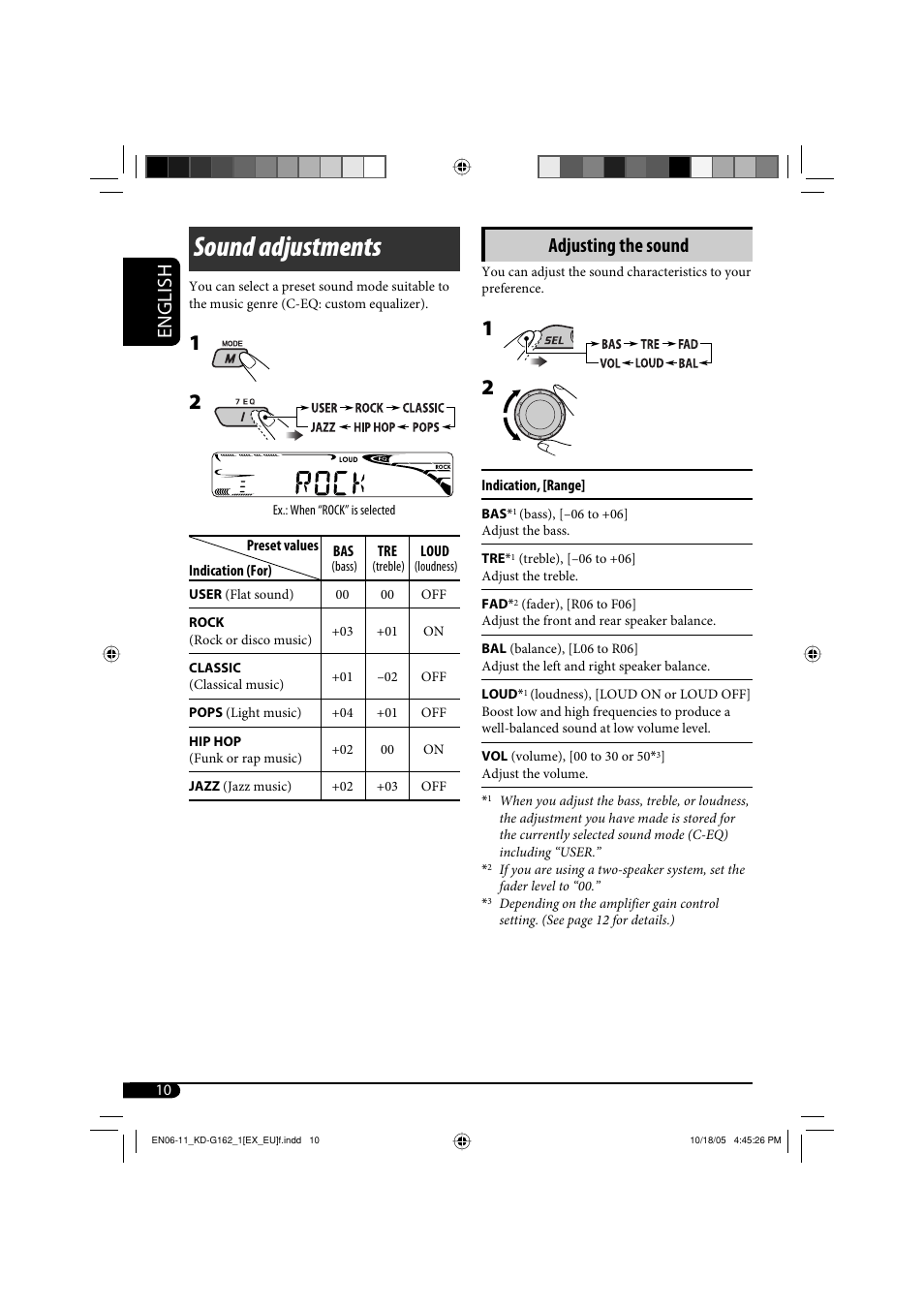Sound adjustments, English, Adjusting the sound | JVC kd-g162 User Manual | Page 10 / 50
