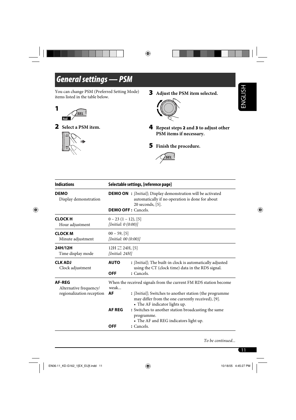 General settings — psm, English | JVC kd-g162 User Manual | Page 11 / 50