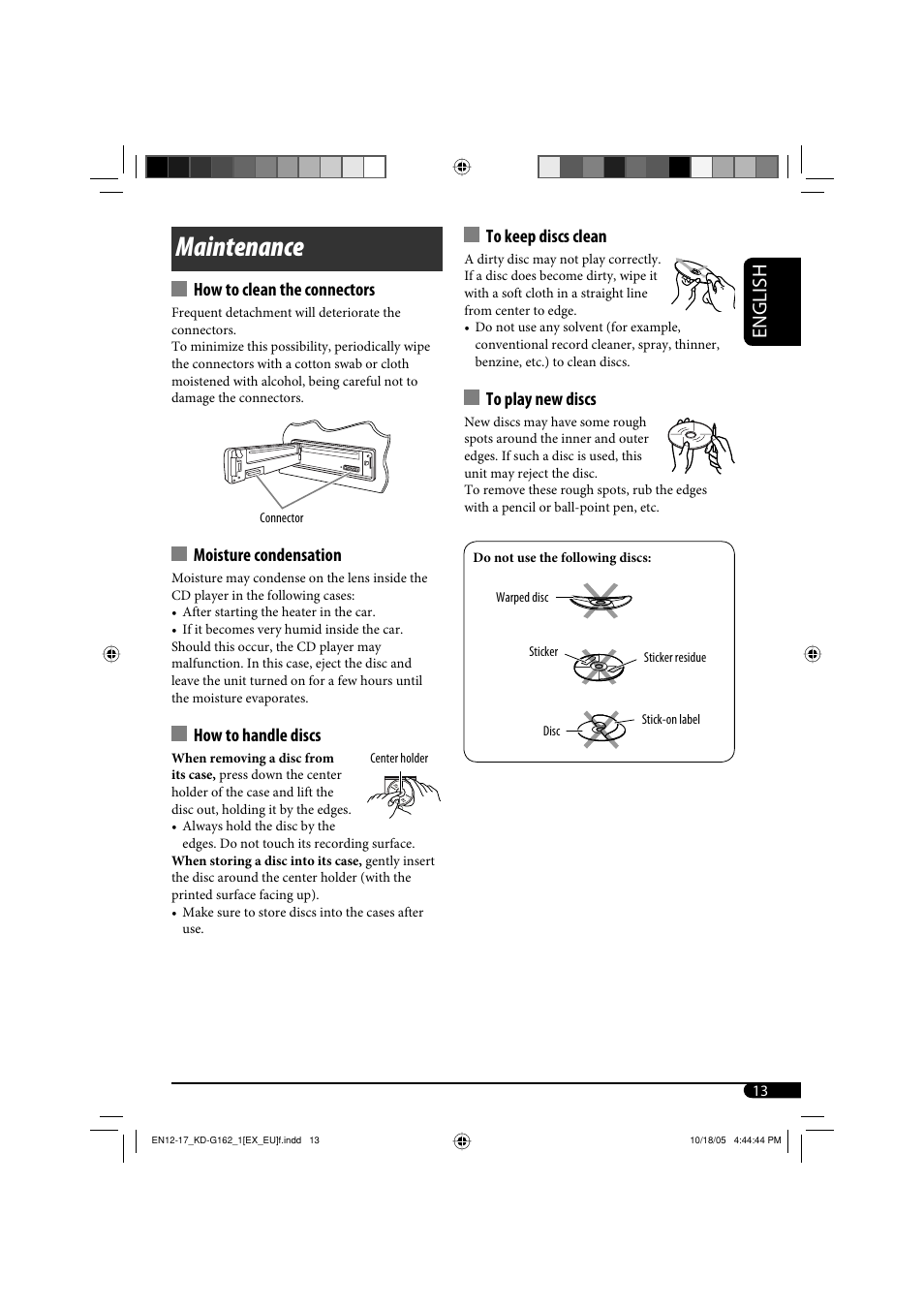 Maintenance, English, How to clean the connectors | Moisture condensation, How to handle discs | JVC kd-g162 User Manual | Page 13 / 50