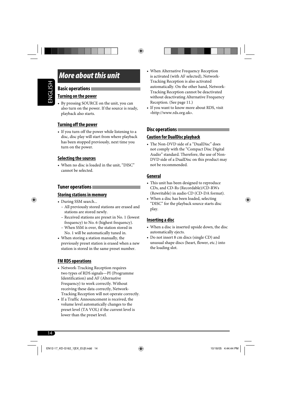 More about this unit, English, Disc operations | Basic operations, Tuner operations | JVC kd-g162 User Manual | Page 14 / 50