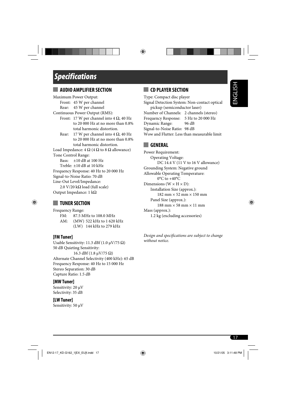 Specifications, English, General | JVC kd-g162 User Manual | Page 17 / 50