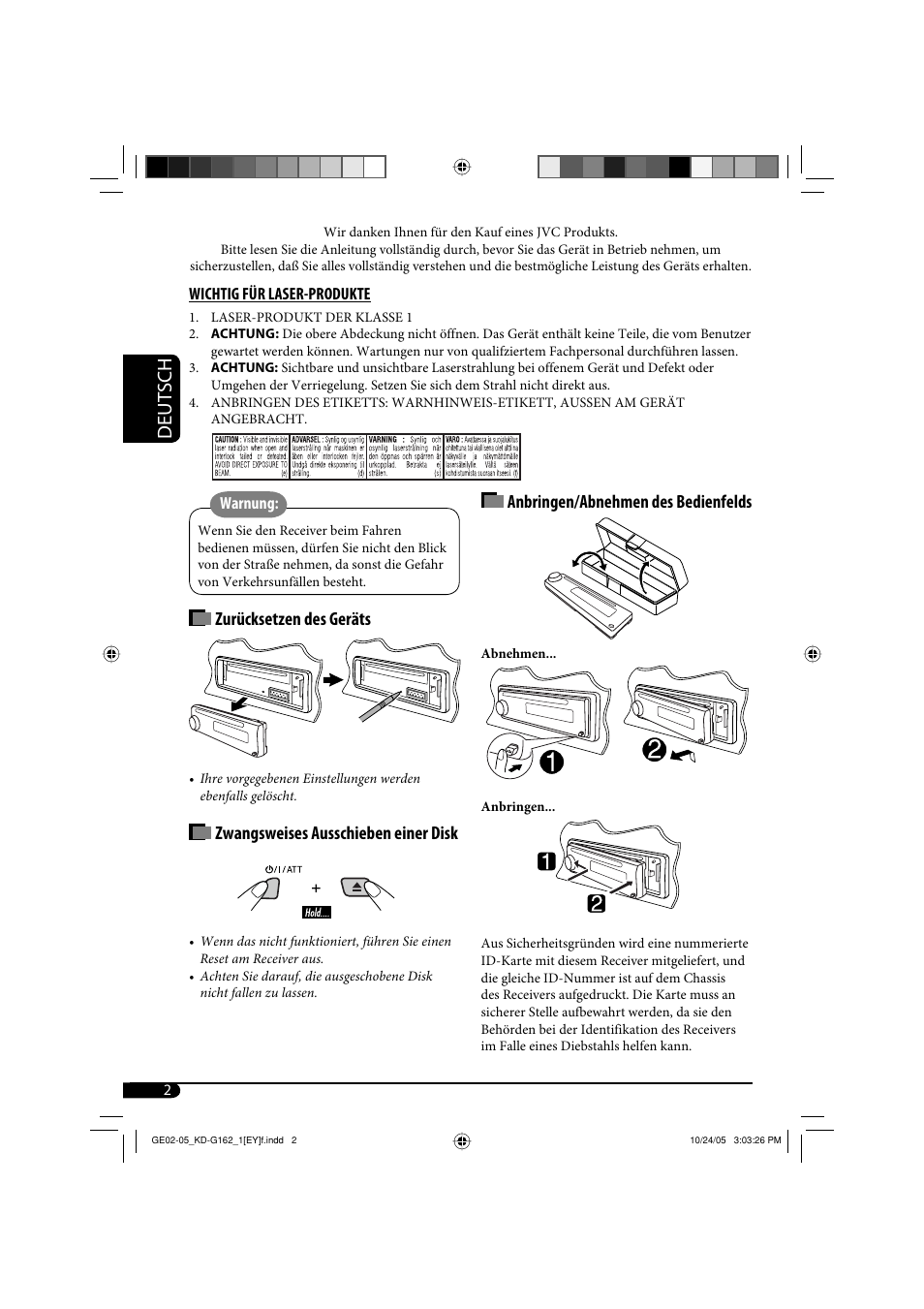 Deutsch, Anbringen/abnehmen des bedienfelds, Zurücksetzen des geräts | Zwangsweises ausschieben einer disk | JVC kd-g162 User Manual | Page 18 / 50