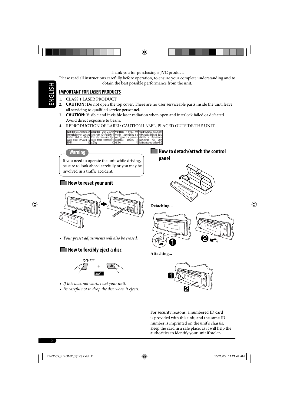 English, How to detach/attach the control panel, How to reset your unit | How to forcibly eject a disc | JVC kd-g162 User Manual | Page 2 / 50