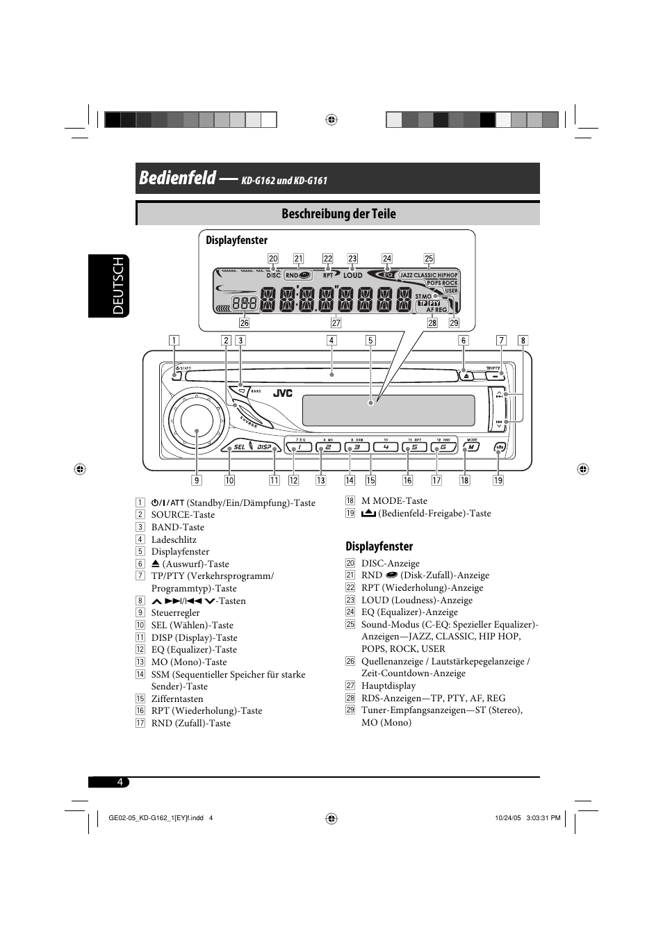 Bedienfeld, Deutsch, Beschreibung der teile | Displayfenster | JVC kd-g162 User Manual | Page 20 / 50