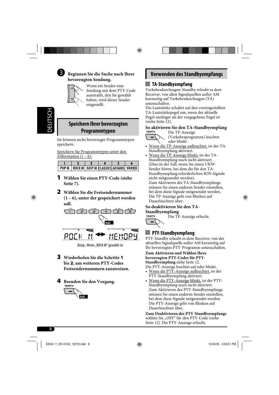 Deutsch verwenden des standbyempfangs, Speichern ihrer bevorzugten programmtypen | JVC kd-g162 User Manual | Page 24 / 50