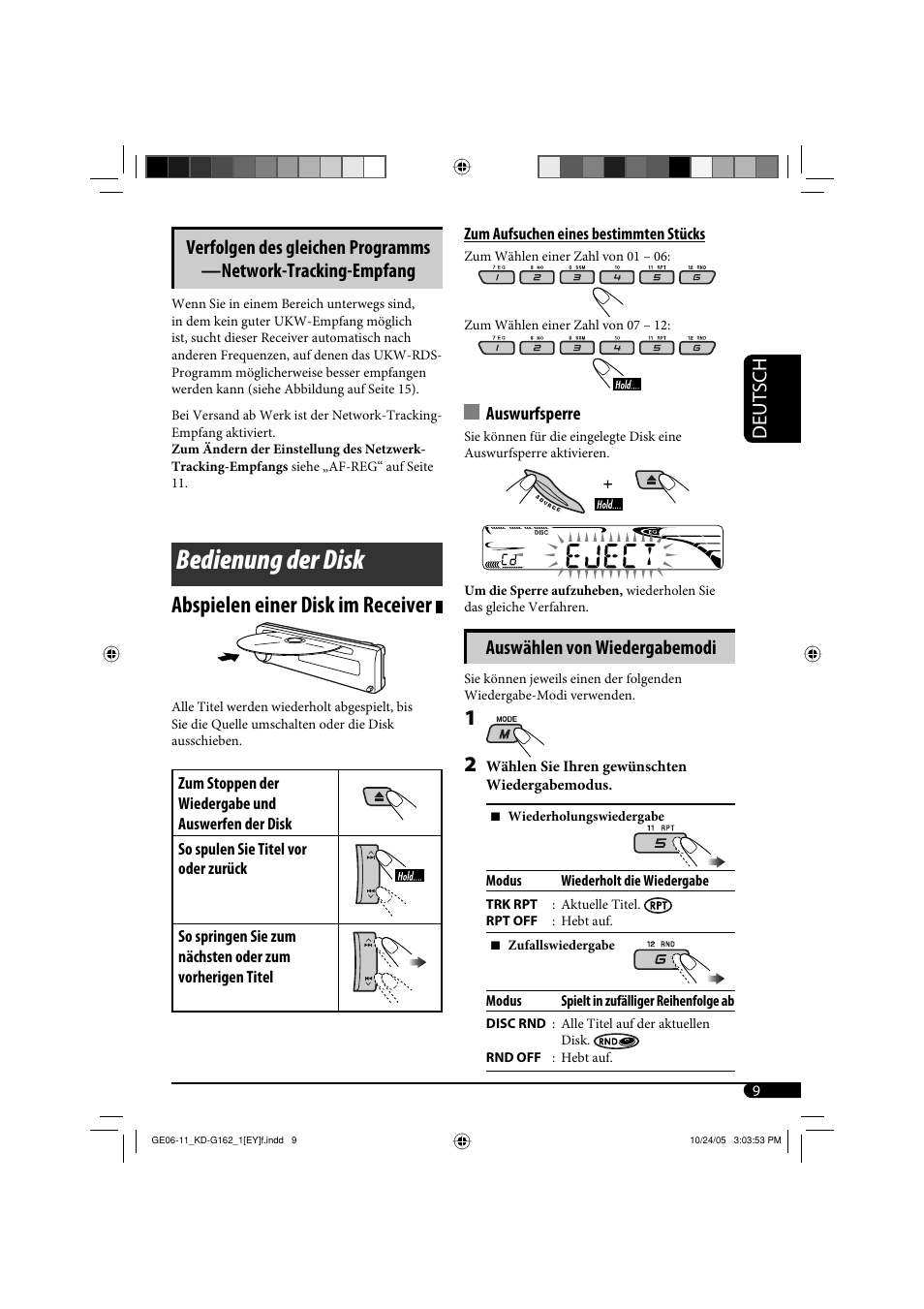 Bedienung der disk, Abspielen einer disk im receiver, Deutsch | Auswählen von wiedergabemodi | JVC kd-g162 User Manual | Page 25 / 50