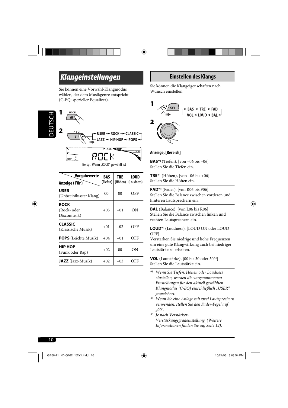 Klangeinstellungen, Deutsch, Einstellen des klangs | JVC kd-g162 User Manual | Page 26 / 50