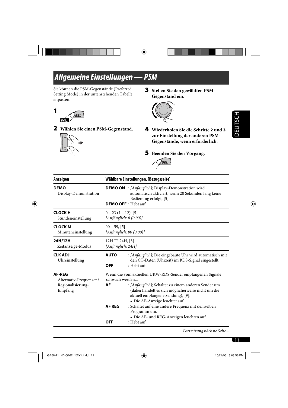 Allgemeine einstellungen — psm, Deutsch | JVC kd-g162 User Manual | Page 27 / 50