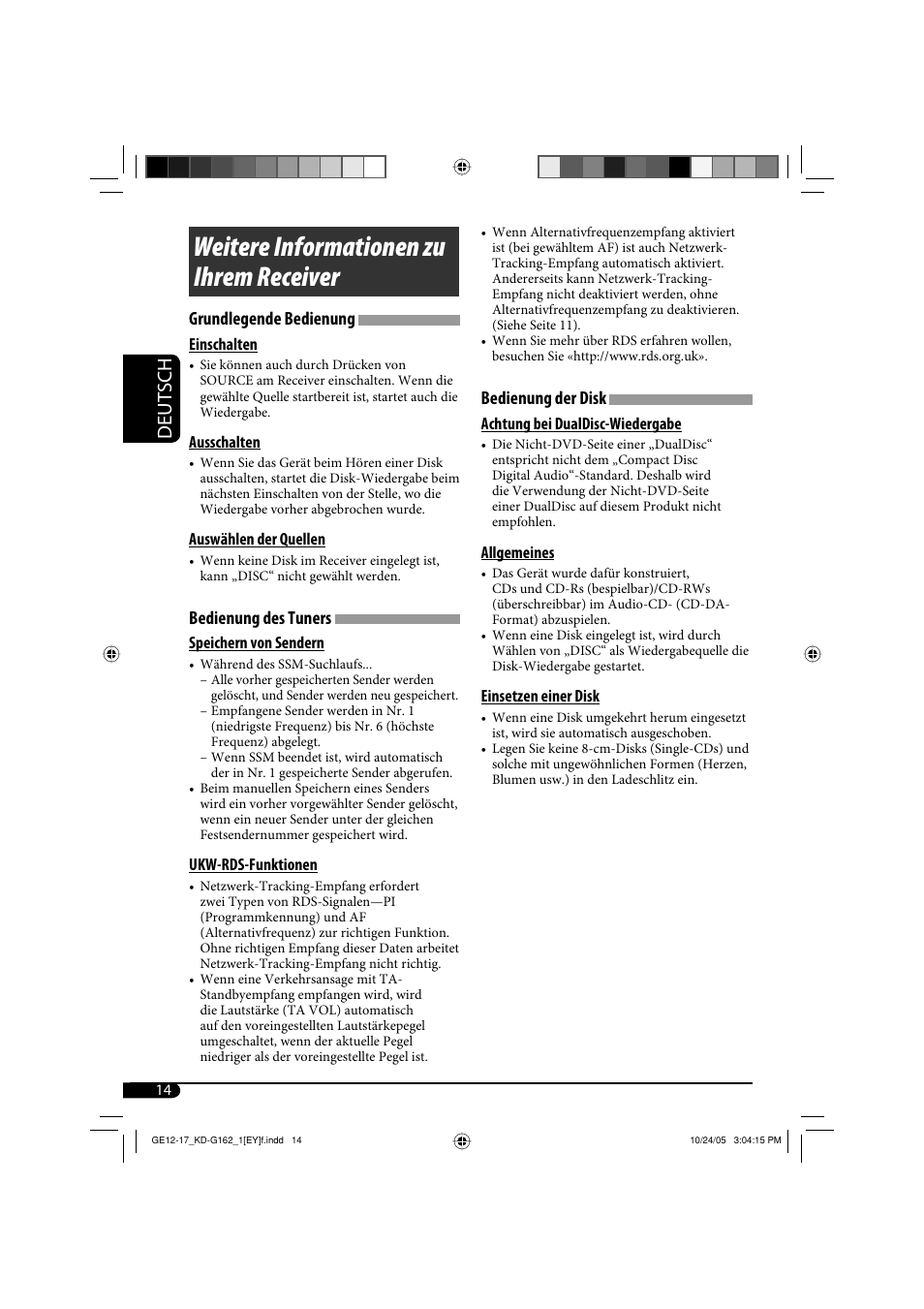 Weitere informationen zu ihrem receiver, Deutsch, Bedienung der disk | Grundlegende bedienung, Bedienung des tuners | JVC kd-g162 User Manual | Page 30 / 50