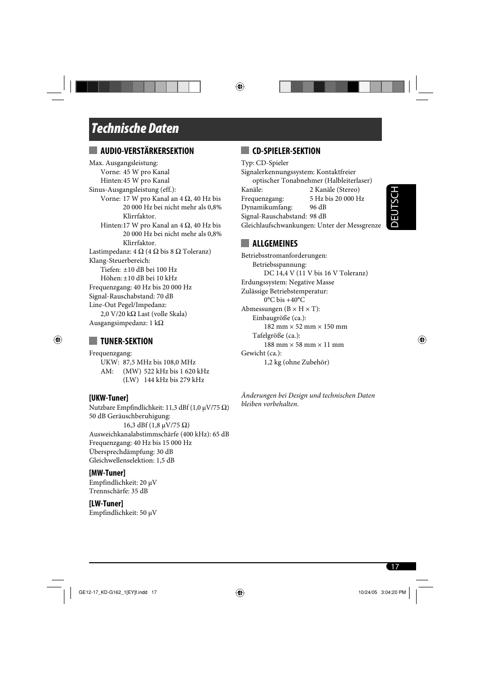 Technische daten, Deutsch, Audio-verstärkersektion | Tuner-sektion, Cd-spieler-sektion, Allgemeines | JVC kd-g162 User Manual | Page 33 / 50