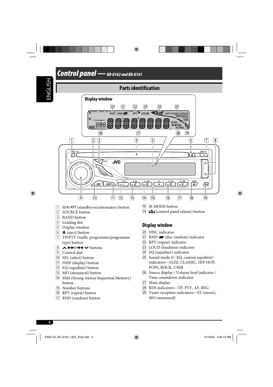 Control panel, English, Parts identification | Display window | JVC kd-g162 User Manual | Page 4 / 50