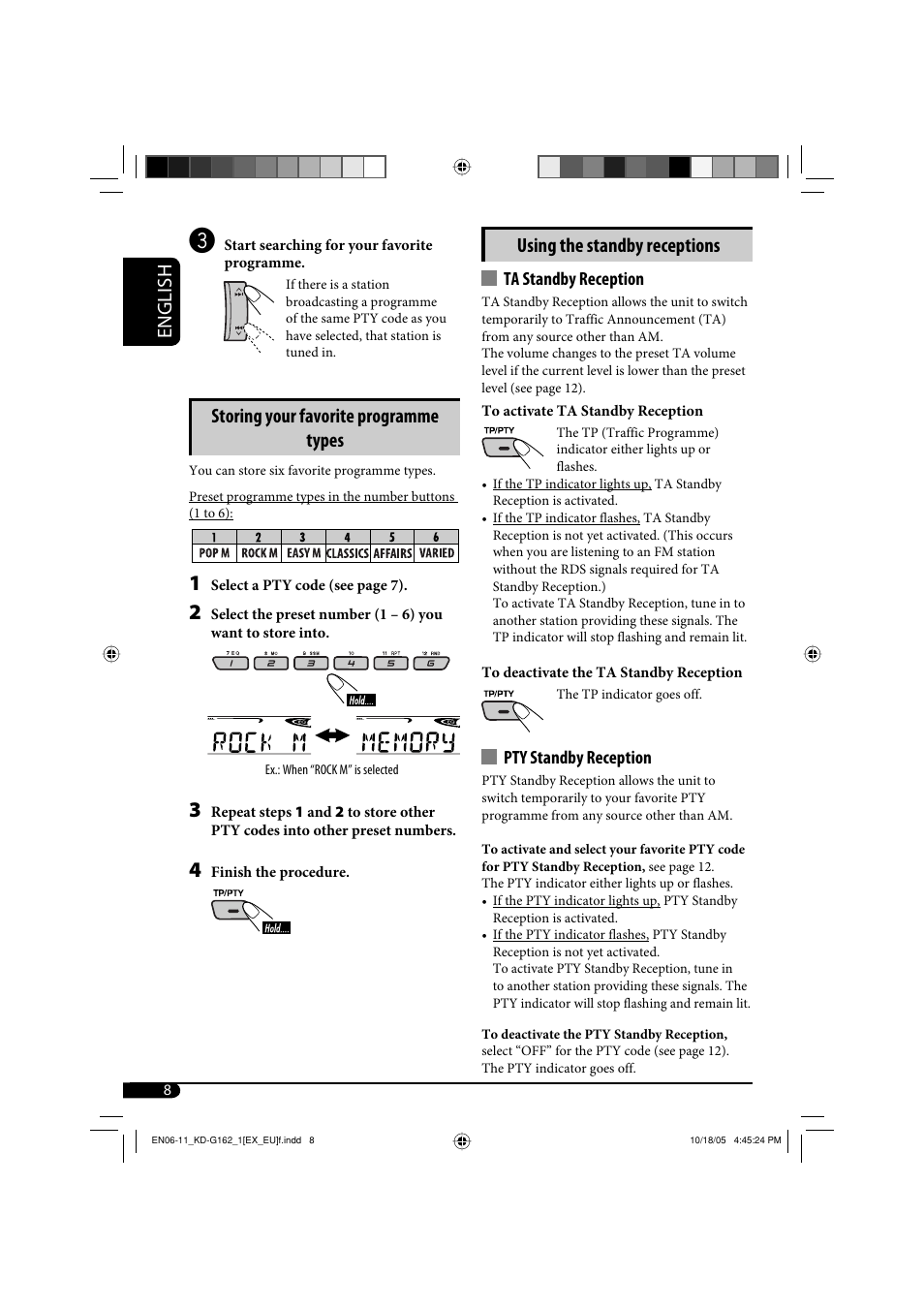 English using the standby receptions, Storing your favorite programme types | JVC kd-g162 User Manual | Page 8 / 50