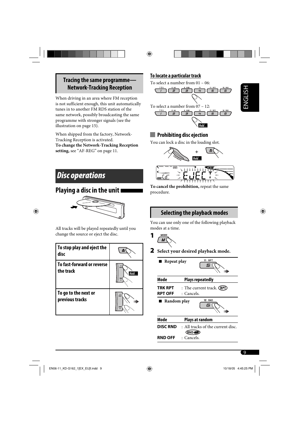 Disc operations, Playing a disc in the unit, English | Selecting the playback modes | JVC kd-g162 User Manual | Page 9 / 50
