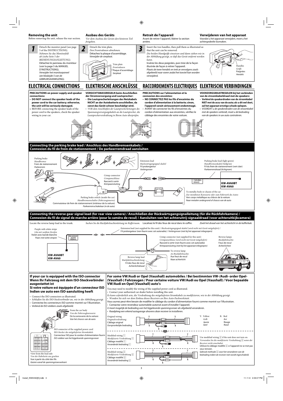 Electrical connections, Raccordements electriques, Elektrische verbindingen elektrische anschlüsse | JVC KW-AV60BT User Manual | Page 3 / 6