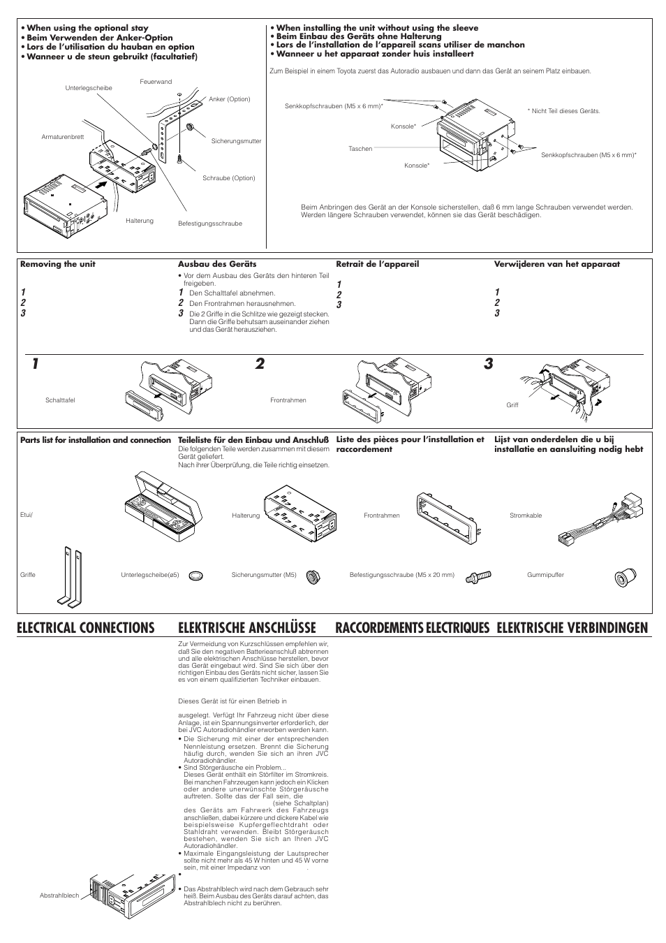 Raccordements electriques, Elektrische anschlüsse, Elektrische verbindingen | Electrical connections | JVC KD-S621 User Manual | Page 2 / 4