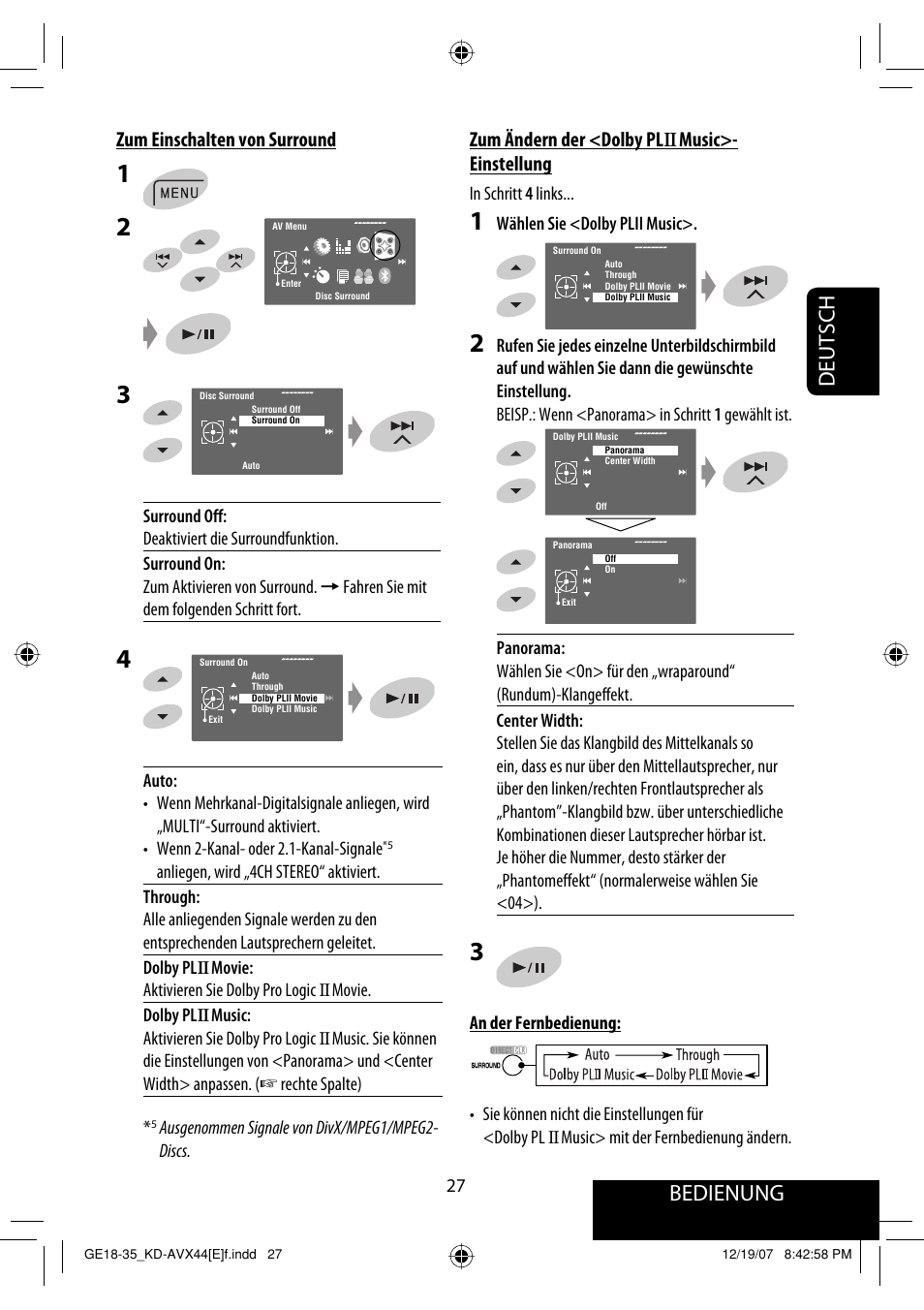 Bedienung, Deutsch, Zum einschalten von surround | Zum ändern der <dolby pl ii music>- einstellung | JVC KD-AVX44 User Manual | Page 103 / 301