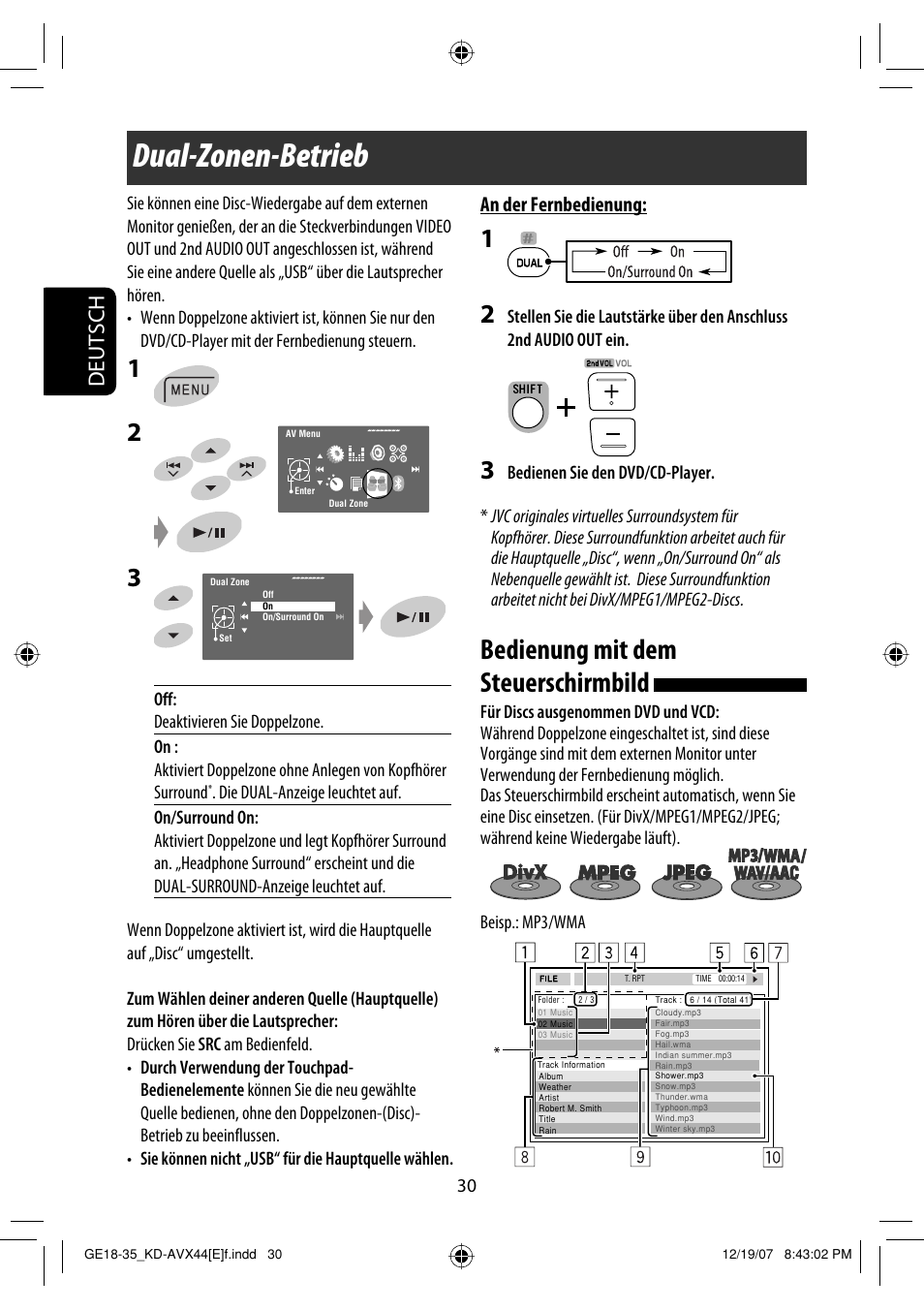 Dual-zonen-betrieb, Bedienung mit dem steuerschirmbild, Deutsch | An der fernbedienung | JVC KD-AVX44 User Manual | Page 106 / 301