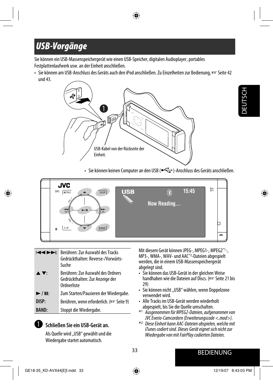 Usb-vorgänge, Bedienung, Deutsch | JVC KD-AVX44 User Manual | Page 109 / 301