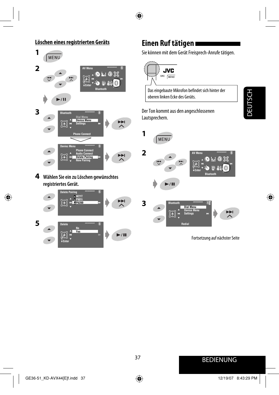 Einen ruf tätigen, Bedienung, Deutsch | Löschen eines registrierten geräts | JVC KD-AVX44 User Manual | Page 113 / 301