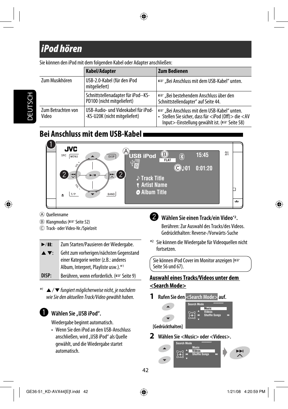 Ipod hören, Bei anschluss mit dem usb-kabel, Deutsch | JVC KD-AVX44 User Manual | Page 118 / 301