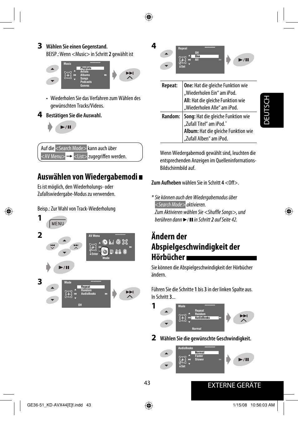 Ändern der abspielgeschwindigkeit der hörbücher, Auswählen von wiedergabemodi, Externe geräte | Deutsch | JVC KD-AVX44 User Manual | Page 119 / 301