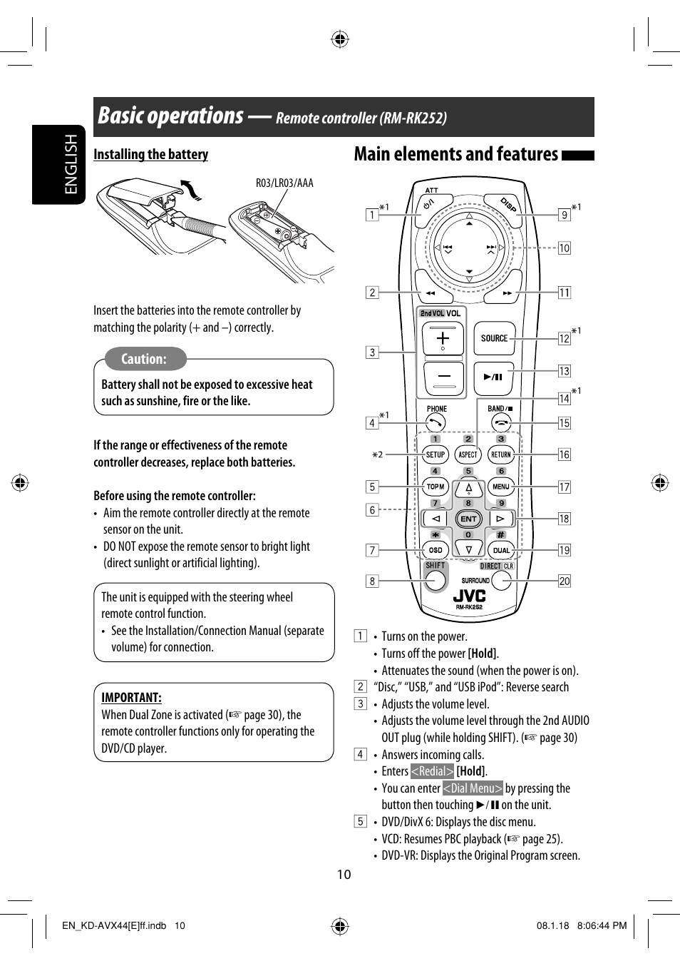 Basic operations — remote controller (rm-rk252), Basic operations, Main elements and features | English, Remote controller (rm-rk252) | JVC KD-AVX44 User Manual | Page 12 / 301