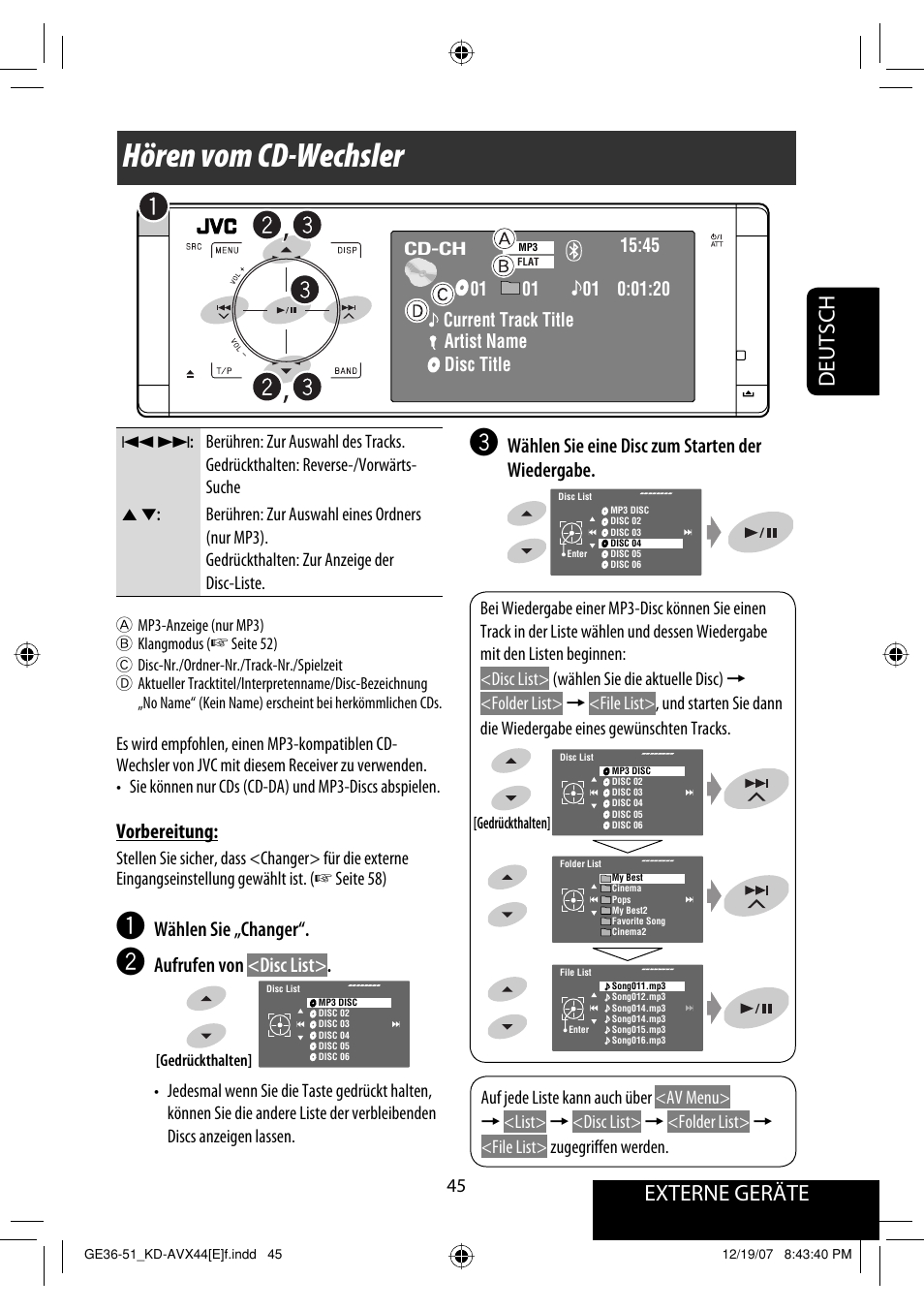 Hören vom cd-wechsler, Externe geräte, Deutsch | Wählen sie eine disc zum starten der wiedergabe, Vorbereitung, Wählen sie „changer, Aufrufen von <disc list | JVC KD-AVX44 User Manual | Page 121 / 301