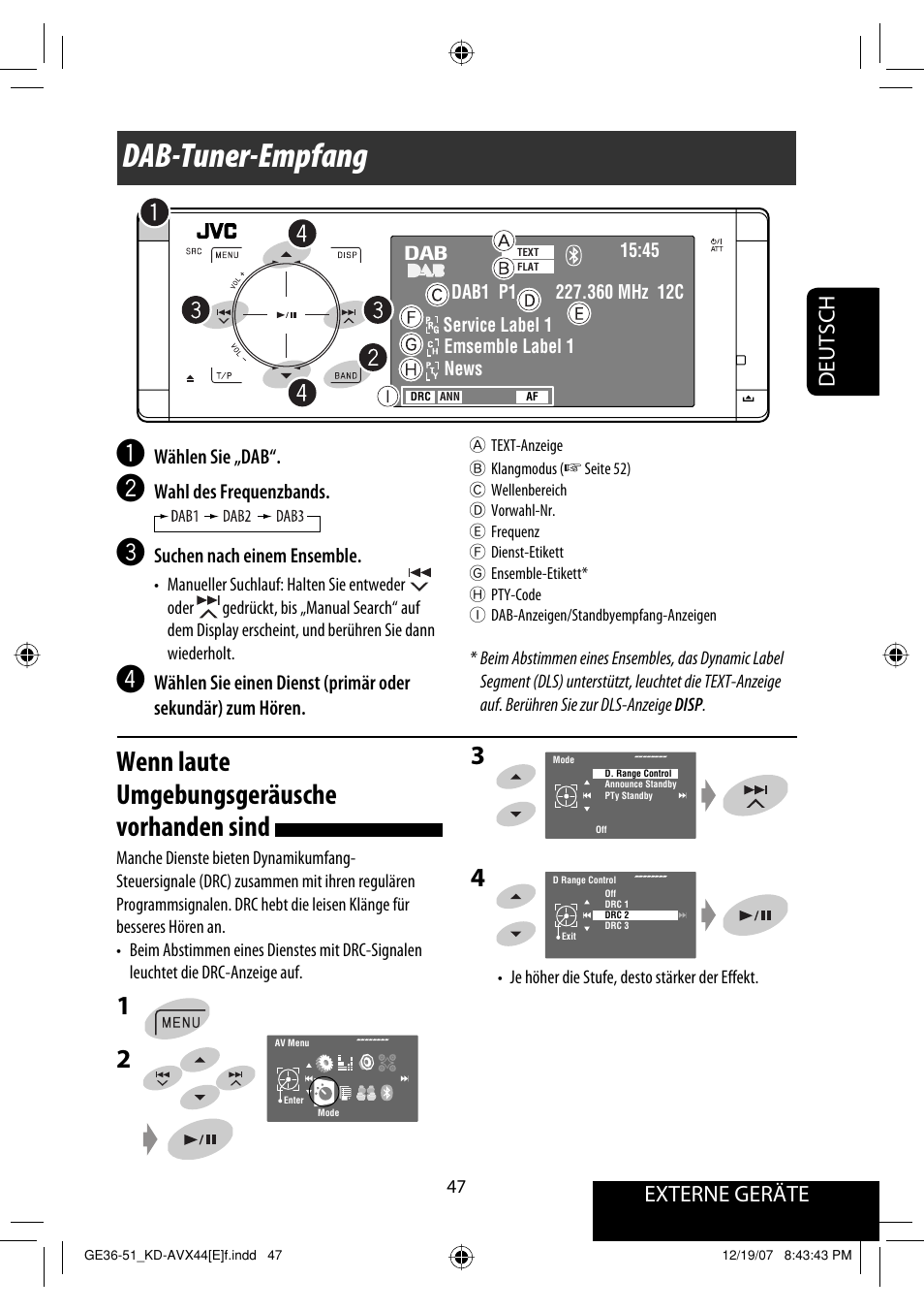 Dab-tuner-empfang, Wenn laute umgebungsgeräusche vorhanden sind, Externe geräte | Deutsch | JVC KD-AVX44 User Manual | Page 123 / 301