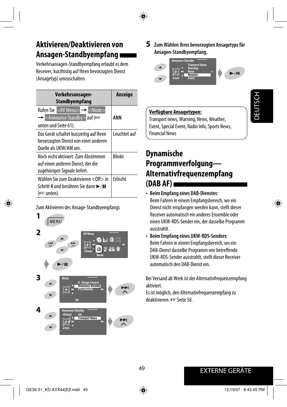 Aktivieren/deaktivieren von ansagen-standbyempfang, Externe geräte, Deutsch | JVC KD-AVX44 User Manual | Page 125 / 301