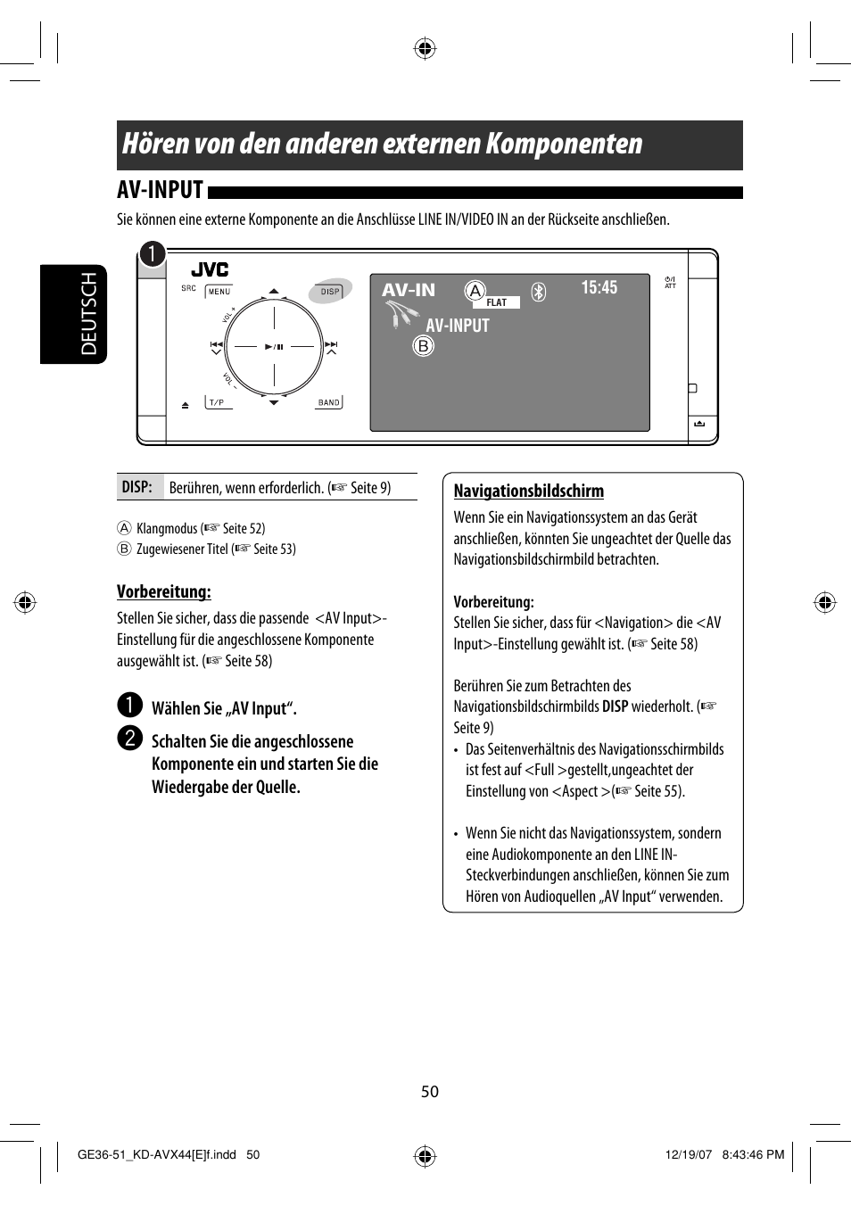 Hören von den anderen externen komponenten, Av-input | JVC KD-AVX44 User Manual | Page 126 / 301