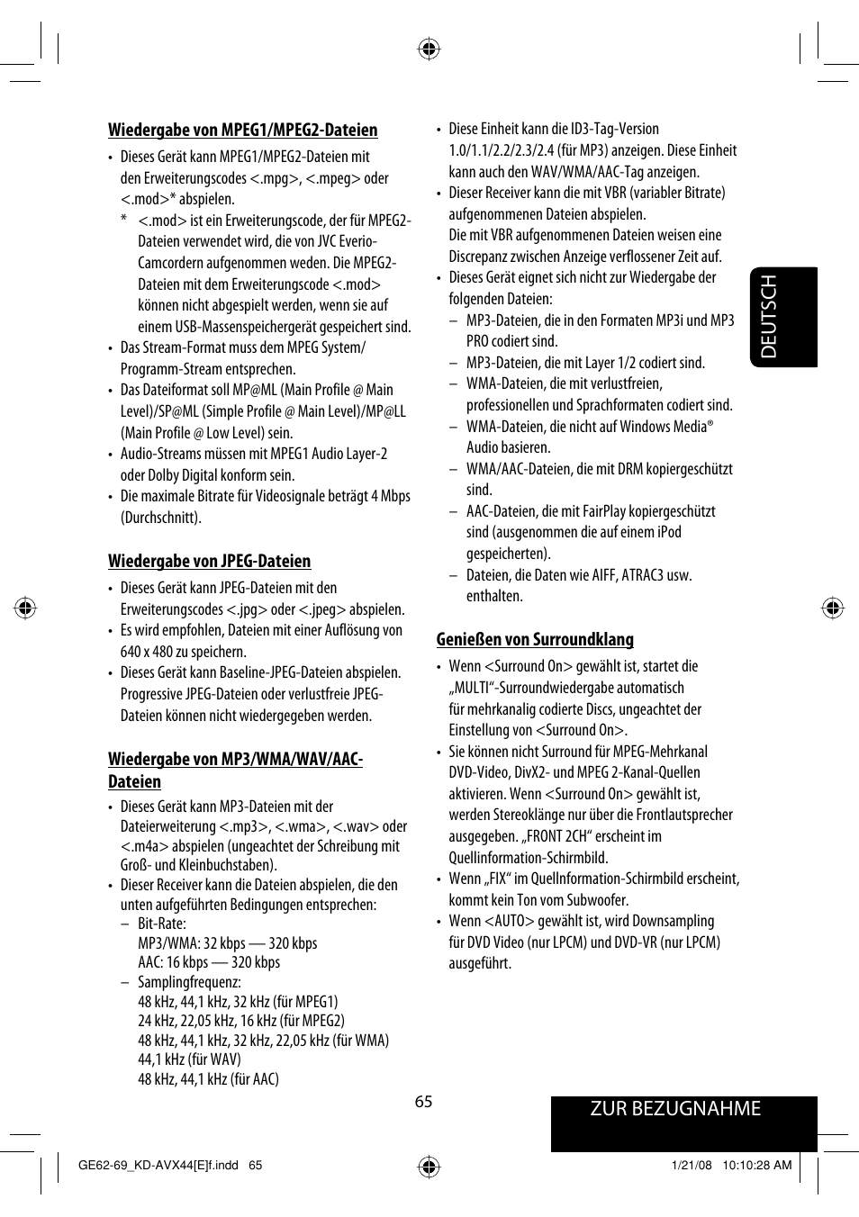 Zur bezugnahme deutsch | JVC KD-AVX44 User Manual | Page 141 / 301