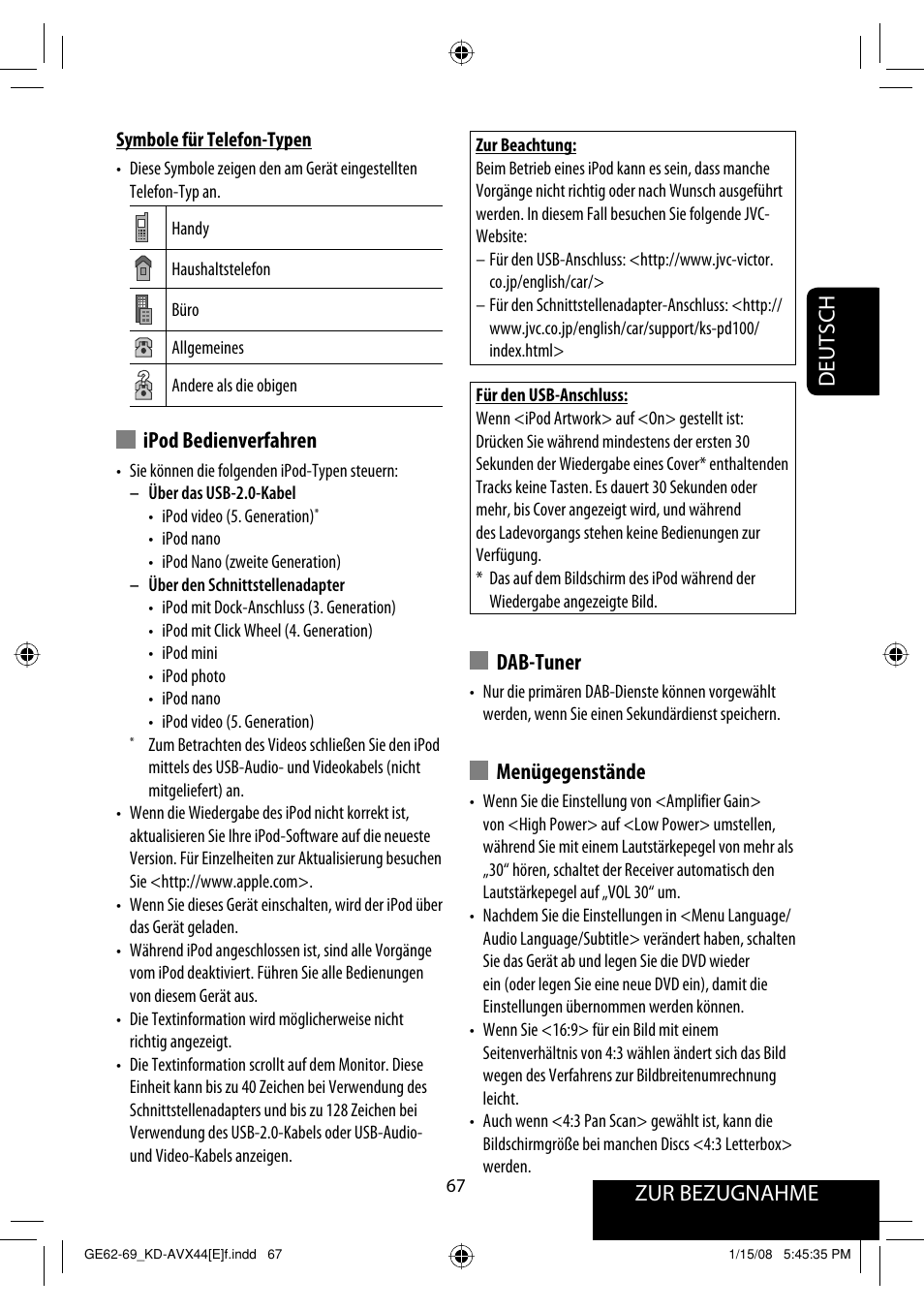 Zur bezugnahme deutsch, Ipod bedienverfahren, Dab-tuner | Menügegenstände | JVC KD-AVX44 User Manual | Page 143 / 301