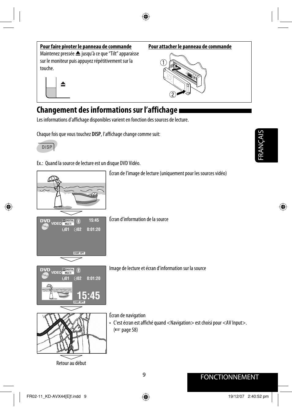 Changement des informations sur l’affichage, Fonctionnement, Français | JVC KD-AVX44 User Manual | Page 159 / 301