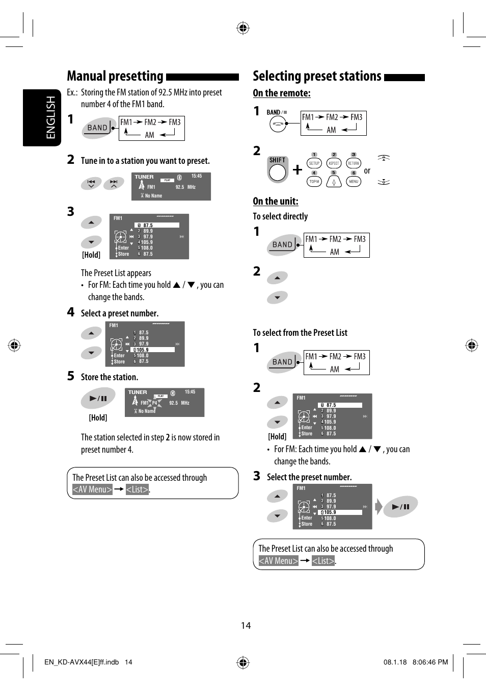 Manual presetting, Selecting preset stations, English | On the remote, On the unit, Tune in to a station you want to preset, Select a preset number, Select the preset number | JVC KD-AVX44 User Manual | Page 16 / 301
