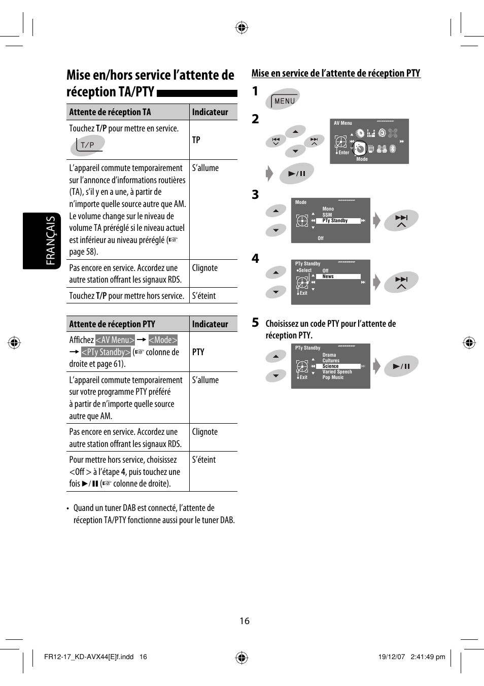 Mise en/hors service l’attente de réception ta/pty, Français, Mise en service de l’attente de réception pty | JVC KD-AVX44 User Manual | Page 166 / 301