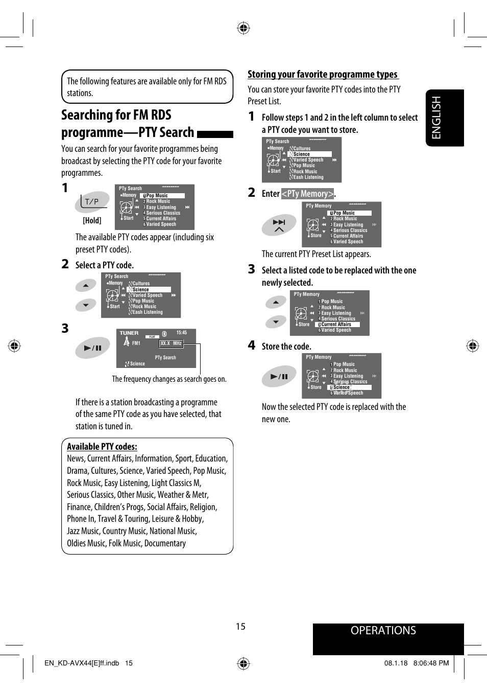 Searching for fm rds programme—pty search, Operations, English | Storing your favorite programme types, Select a pty code, The frequency changes as search goes on, Hold | JVC KD-AVX44 User Manual | Page 17 / 301