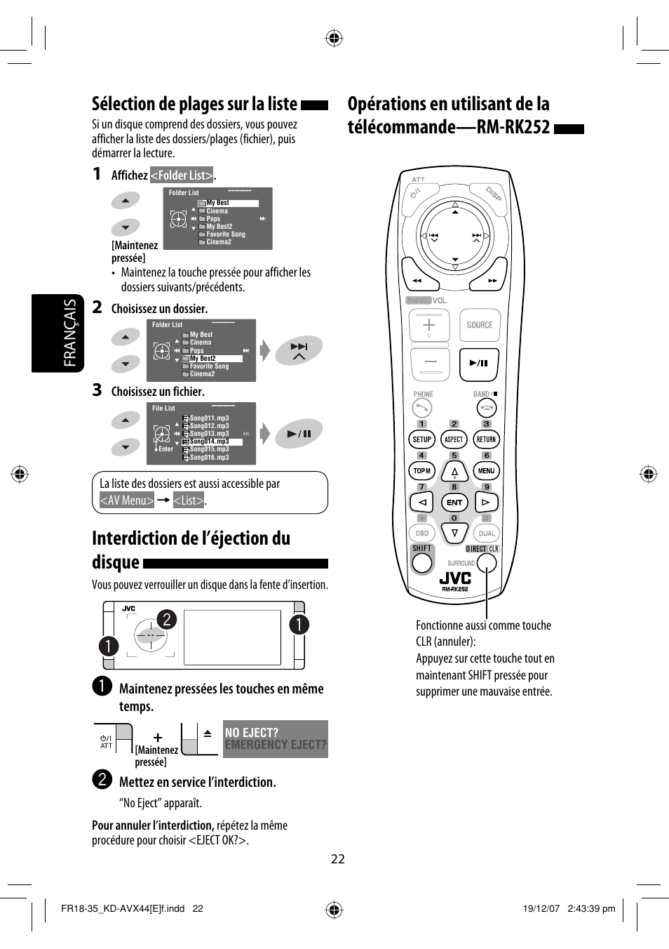 Sélection de plages sur la liste, Interdiction de l’éjection du disque, Français | JVC KD-AVX44 User Manual | Page 172 / 301