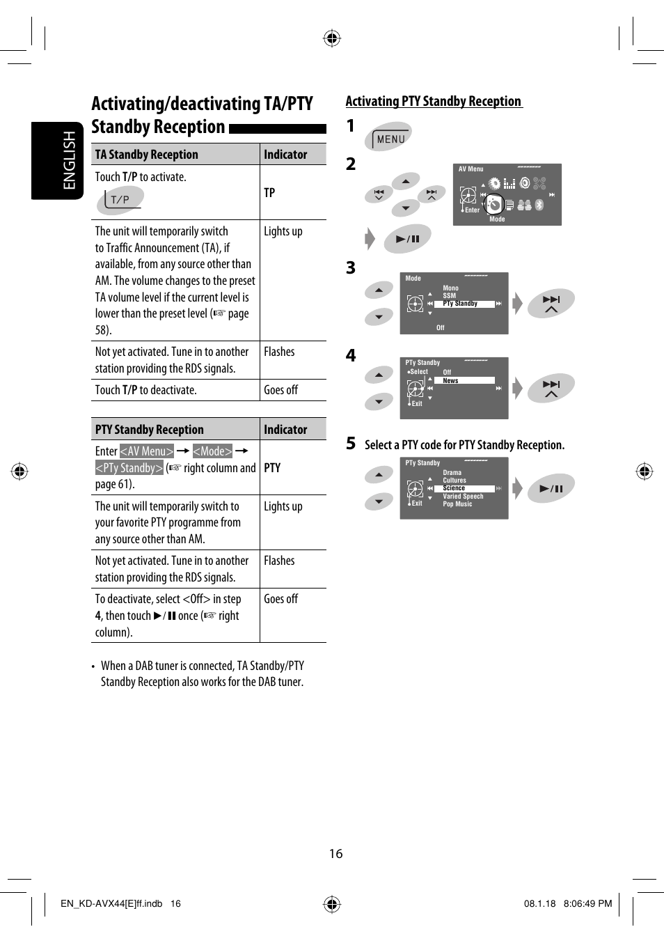 Activating/deactivating ta/pty standby reception, English, Activating pty standby reception | JVC KD-AVX44 User Manual | Page 18 / 301
