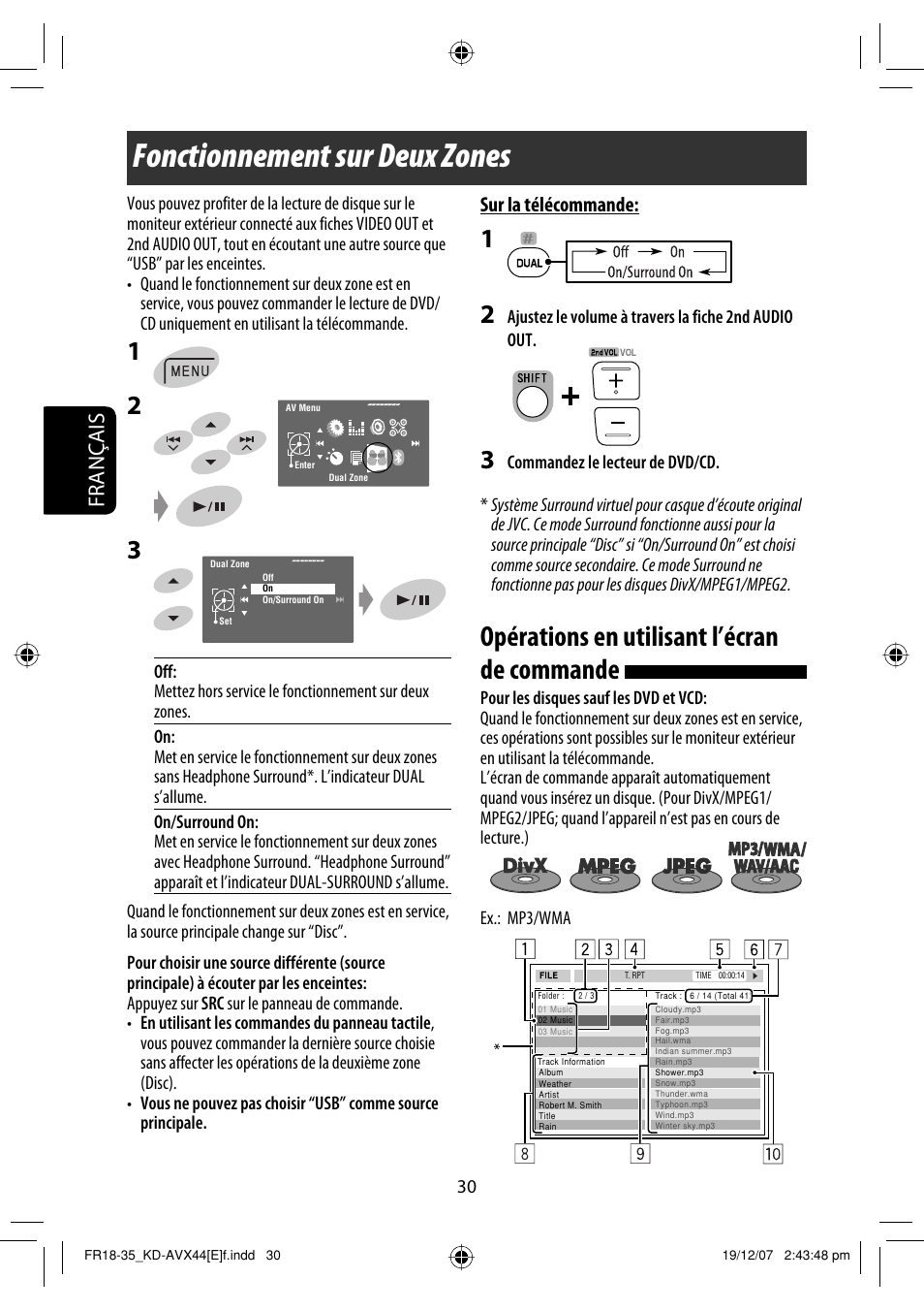 Fonctionnement sur deux zones, Opérations en utilisant l’écran de commande, Français | Sur la télécommande | JVC KD-AVX44 User Manual | Page 180 / 301