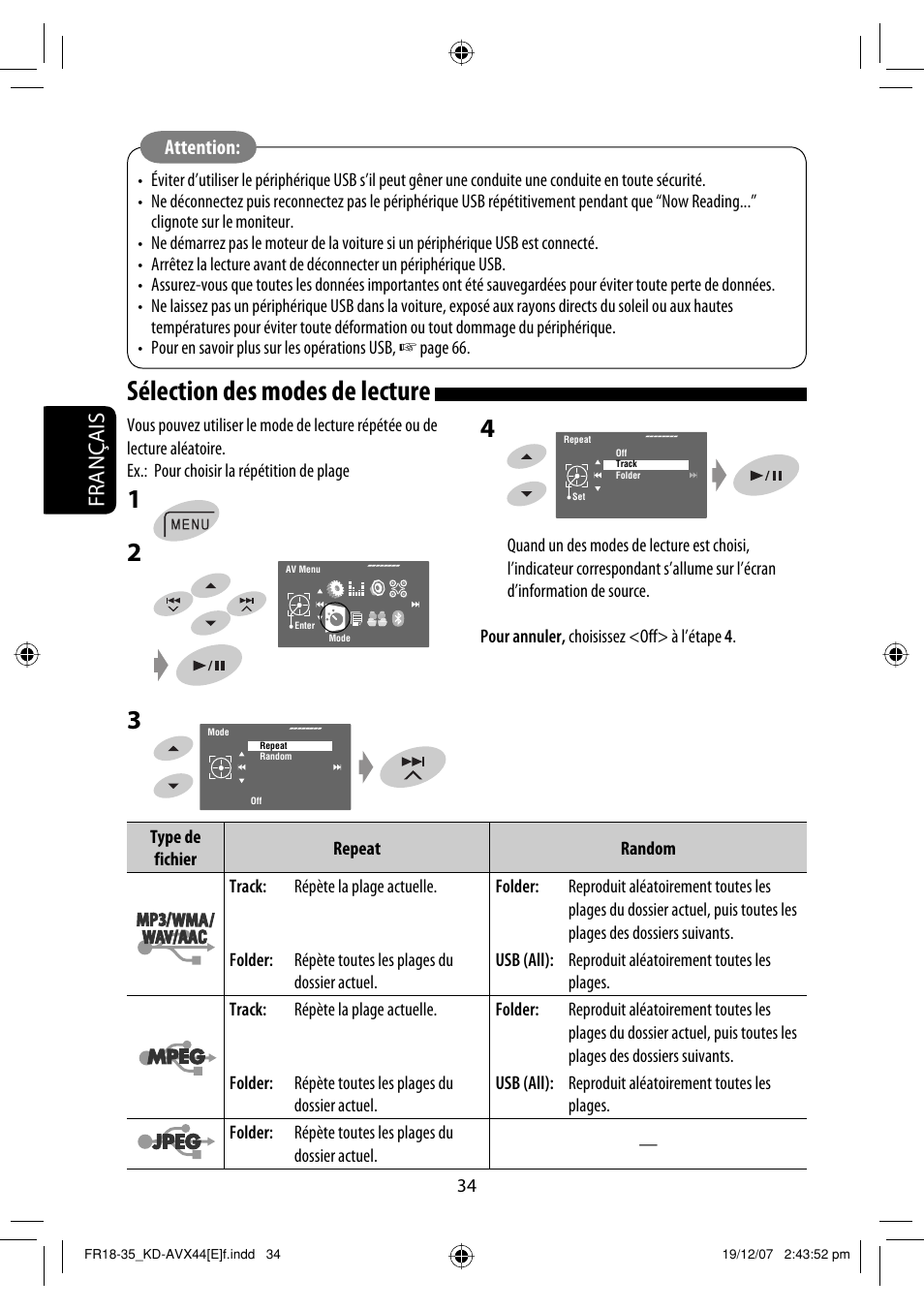 Sélection des modes de lecture, Français, Attention | JVC KD-AVX44 User Manual | Page 184 / 301