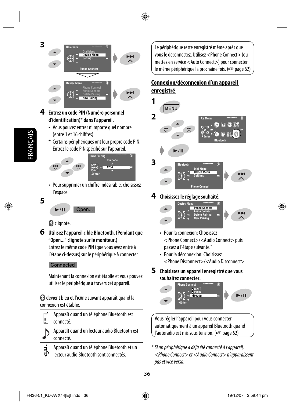 Français, Connexion/déconnexion d’un appareil enregistré | JVC KD-AVX44 User Manual | Page 186 / 301