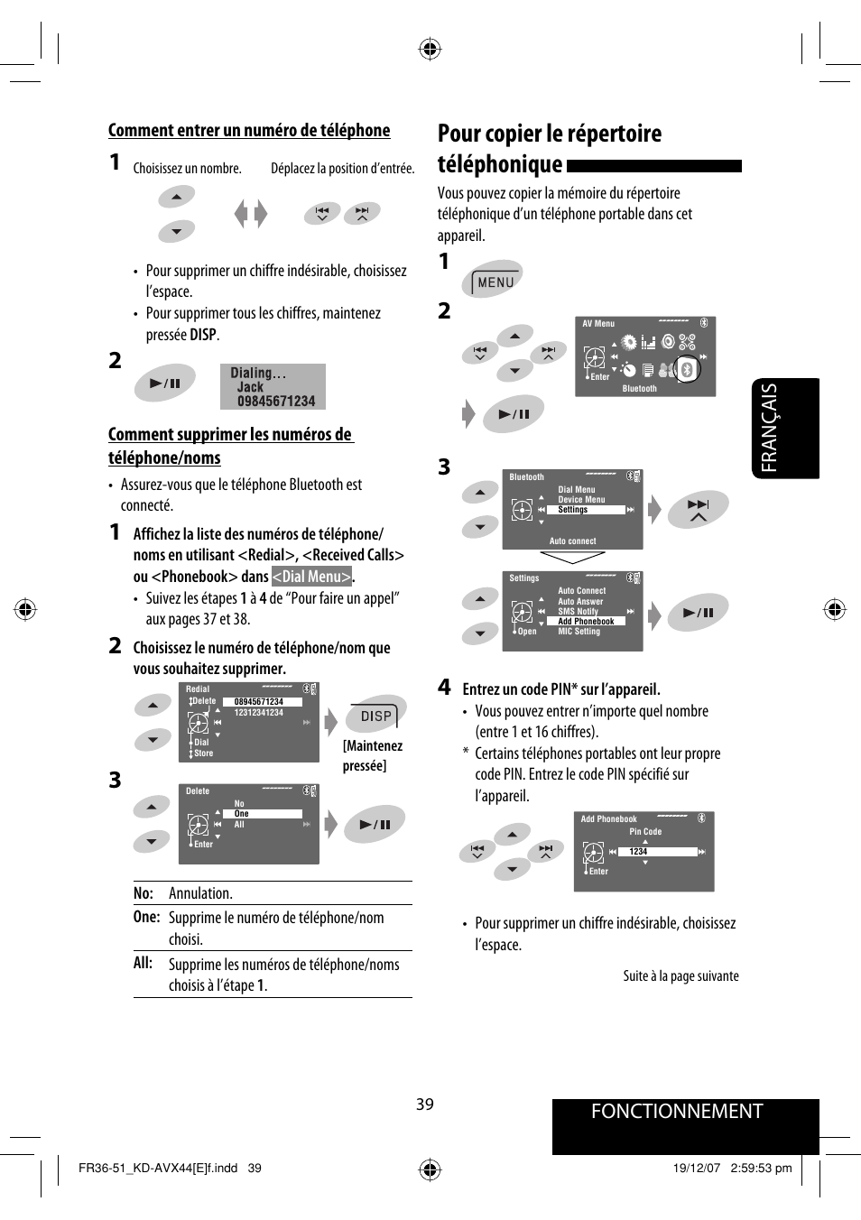 Pour copier le répertoire téléphonique, Fonctionnement, Français | Comment entrer un numéro de téléphone, Comment supprimer les numéros de téléphone/noms | JVC KD-AVX44 User Manual | Page 189 / 301