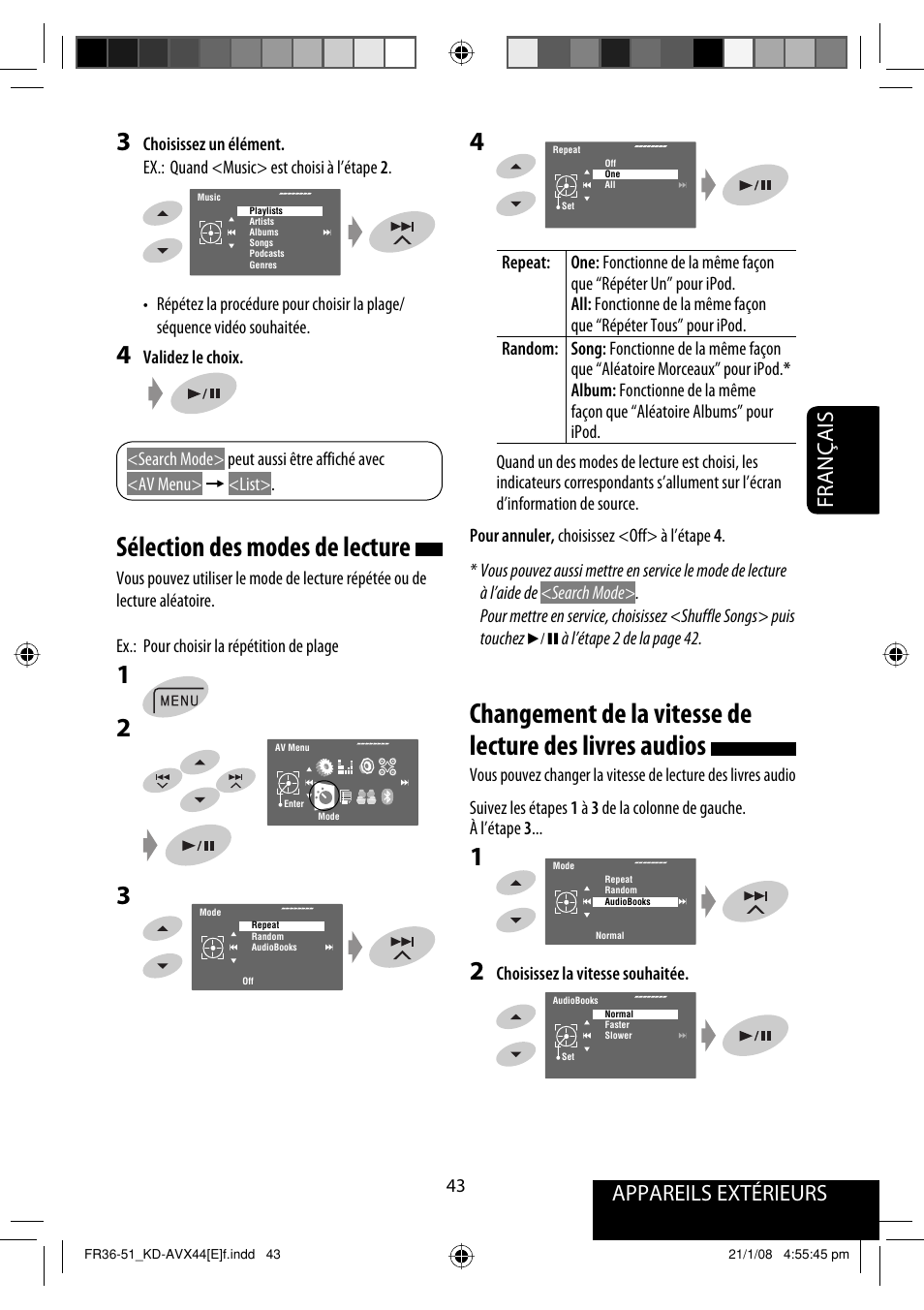 Sélection des modes de lecture, Appareils extérieurs, Français | JVC KD-AVX44 User Manual | Page 193 / 301