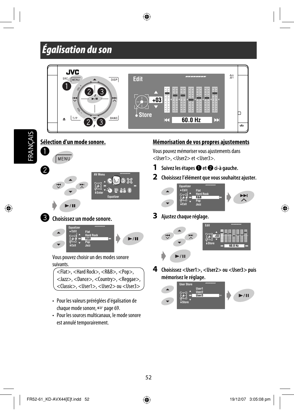 Égalisation du son, Français, Sélection d’un mode sonore | Choisissez un mode sonore, Mémorisation de vos propres ajustements | JVC KD-AVX44 User Manual | Page 202 / 301