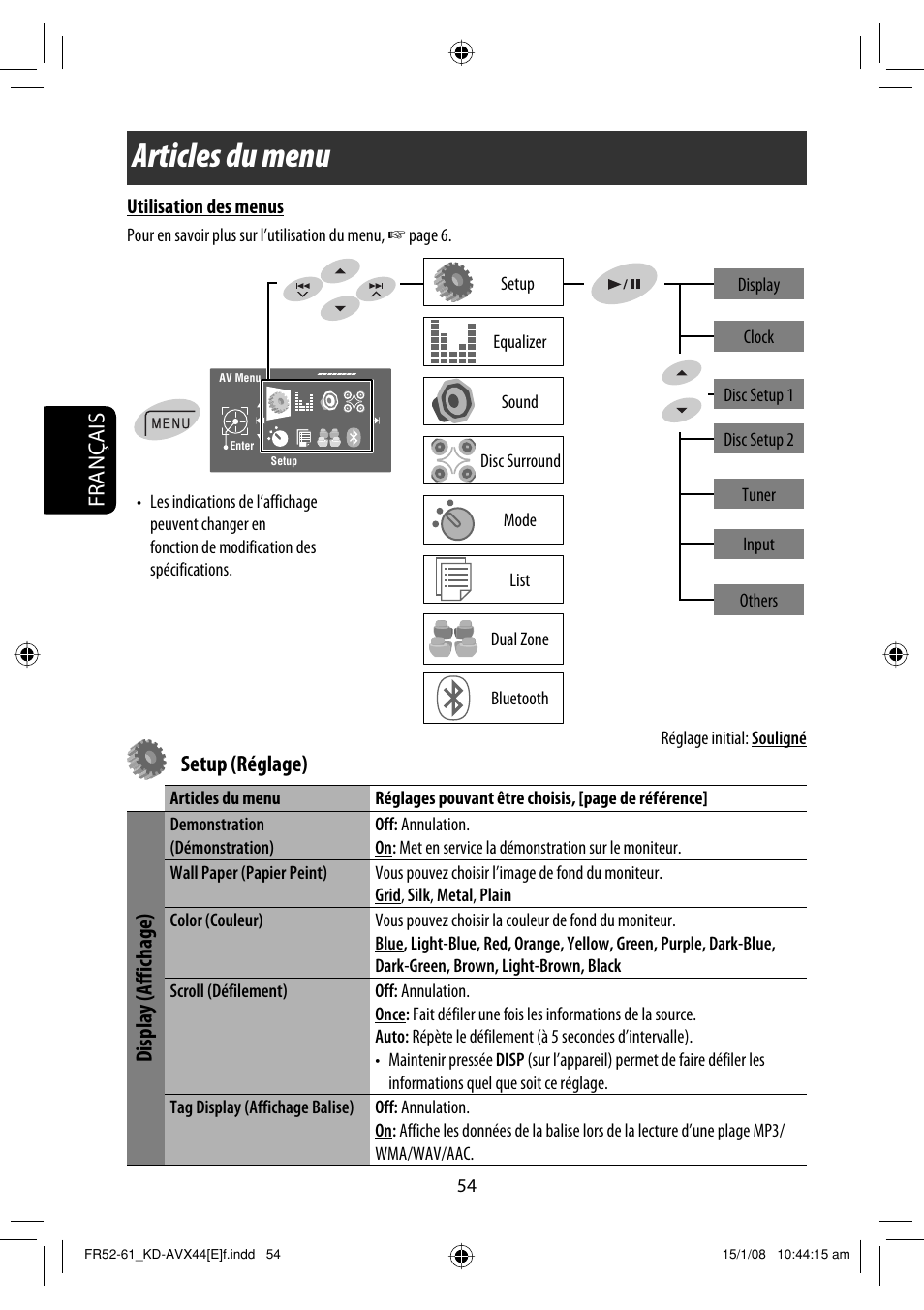 Articles du menu, Français, Setup (réglage) | Display (affichage) | JVC KD-AVX44 User Manual | Page 204 / 301