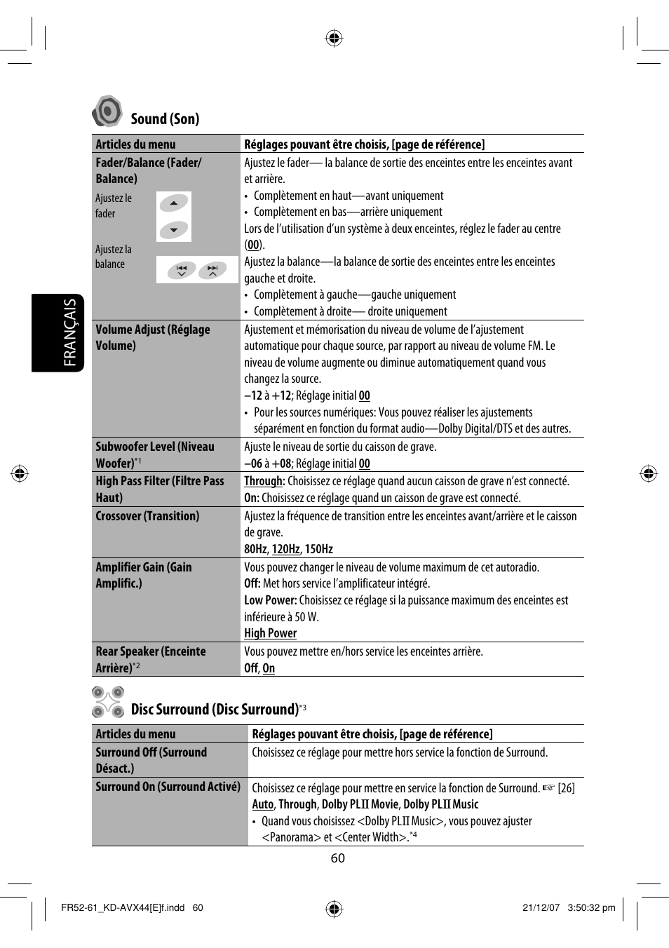 Français sound (son), Disc surround (disc surround) | JVC KD-AVX44 User Manual | Page 210 / 301