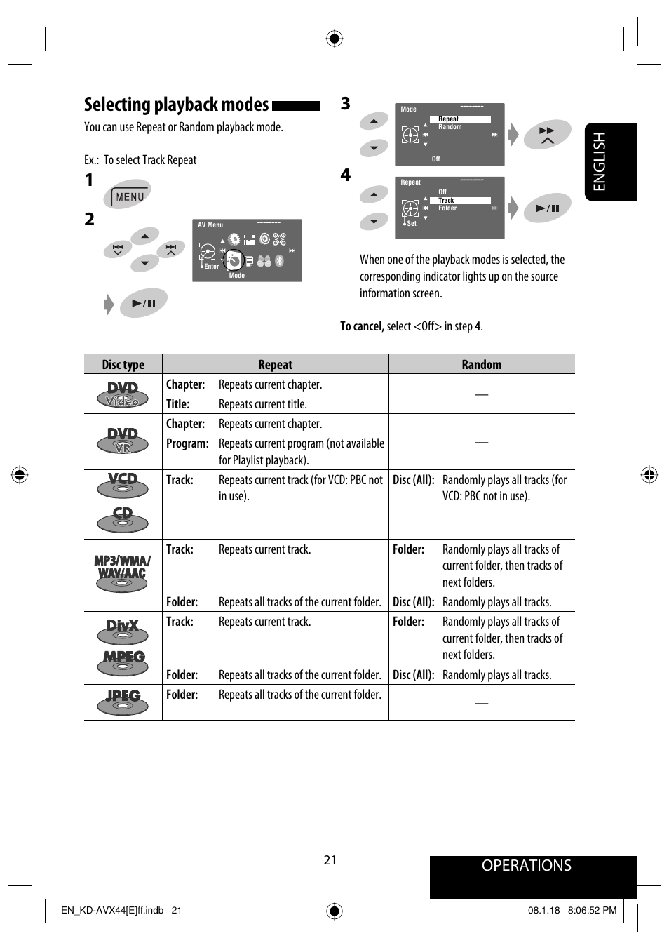 Selecting playback modes, Operations, English | JVC KD-AVX44 User Manual | Page 23 / 301