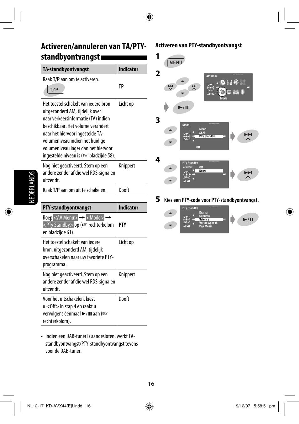 Activeren/annuleren van ta/pty- standbyontvangst, Nederlands, Activeren van pty-standbyontvangst | JVC KD-AVX44 User Manual | Page 240 / 301