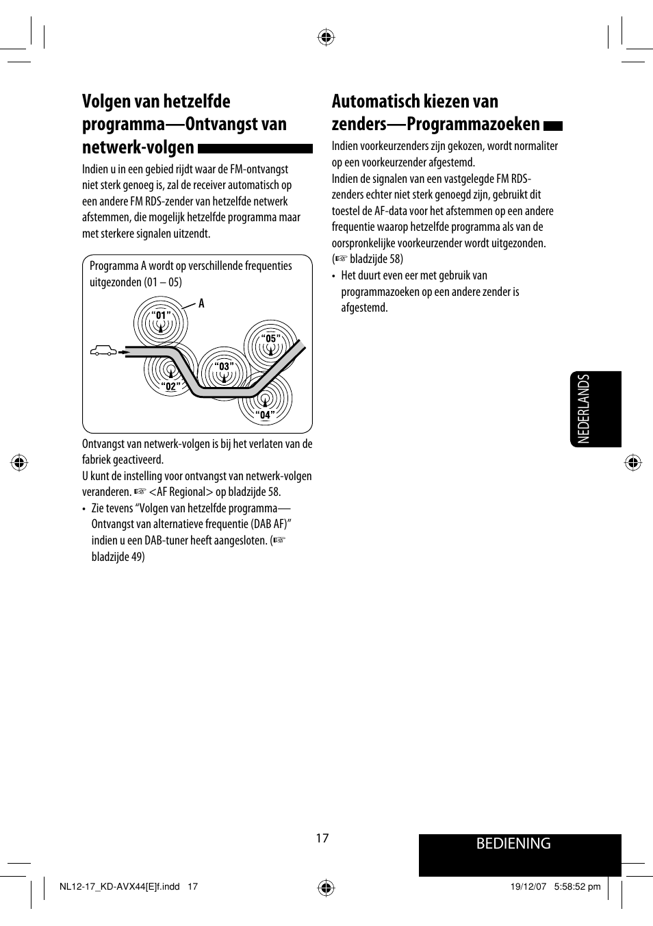 Automatisch kiezen van zenders—programmazoeken, Bediening, Nederlands | JVC KD-AVX44 User Manual | Page 241 / 301