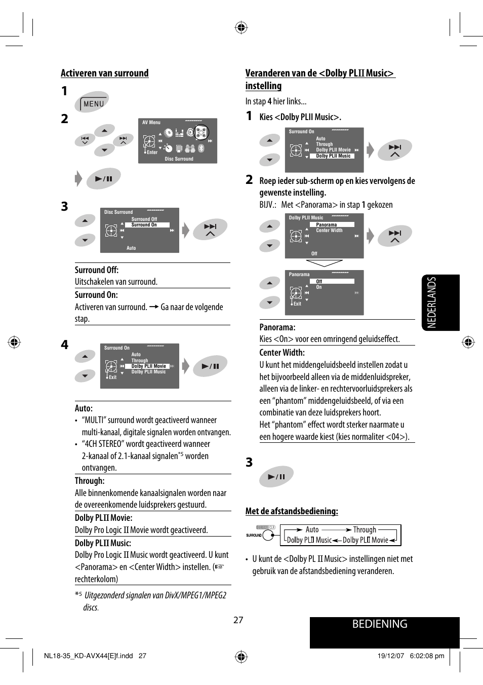 Bediening, Nederlands, Activeren van surround | Veranderen van de <dolby pl ii music> instelling | JVC KD-AVX44 User Manual | Page 251 / 301